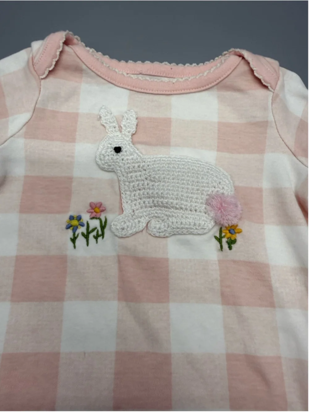 Mud Pie Pink White Checked Bunny Embroidered Gown 0-3M Long Sleeve